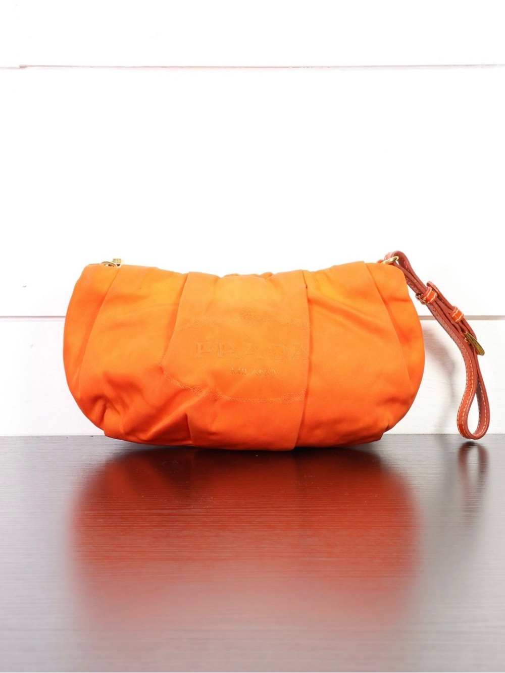 Vintage Prada Tessuto Sport Orange Nylon Ruched Pouch Gold Hardware Leather Trim